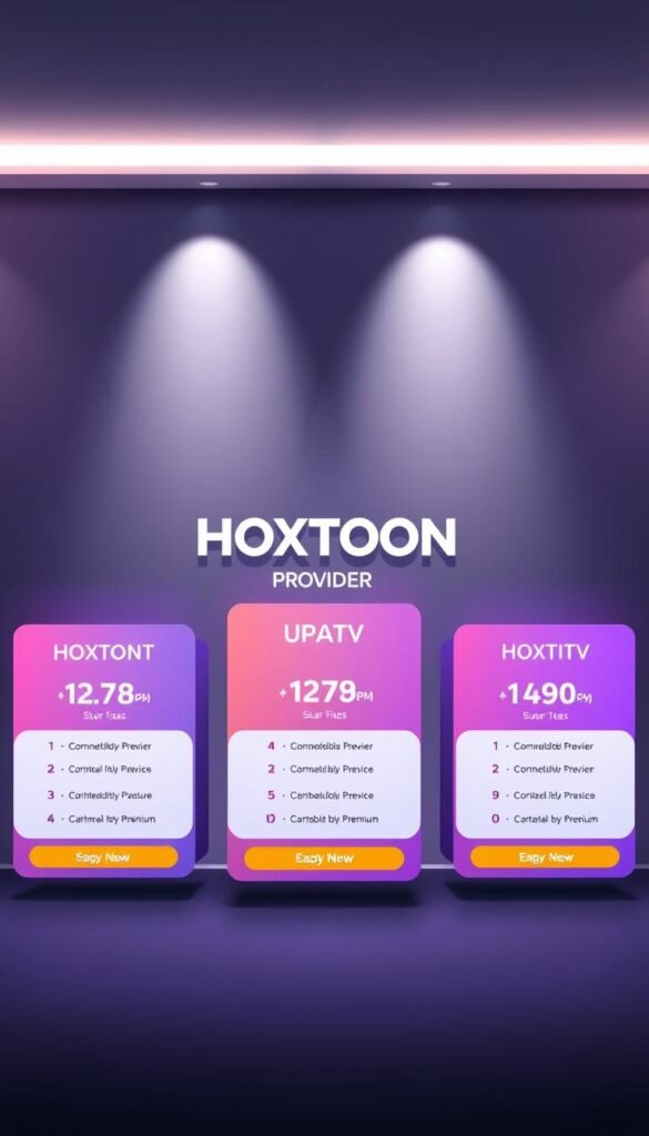 A vibrant and sophisticated illustration of the HOXTOON IPTV pricing plans, presented against a sleek and minimalist backdrop. In the foreground, a series of neatly arranged pricing tiers, each highlighted with a distinct color palette and clean typography, conveying the service's premium quality and affordability. The middle ground features the Hoxtoon Provider brand prominently displayed, with a subtle gradient effect adding depth and dimension. In the background, a soft, atmospheric lighting creates a sense of elegance and professionalism, complementing the overall visual harmony. The image should effectively communicate the section's key message: HOXTOON's ability to deliver a premium IPTV experience at accessible rates.