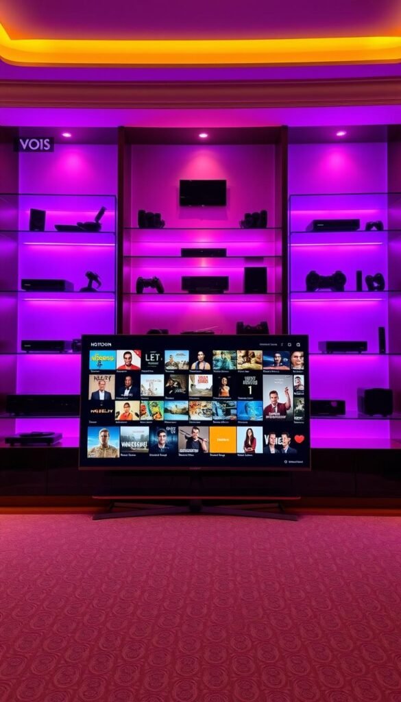 A vibrant and visually captivating backdrop showcasing the expansive VOD collection from the Hoxtoon Provider. In the foreground, a sleek and modern television displays a diverse array of video thumbnails, inviting the viewer to explore the vast library of entertainment options. The middle ground features elegant shelving units adorned with various streaming devices, reflecting the versatility of the Hoxtoon platform. The background is illuminated by warm, ambient lighting, creating a cozy and welcoming atmosphere. The overall composition exudes a sense of sophistication and technological prowess, perfectly encapsulating the premium experience Hoxtoon offers its users.