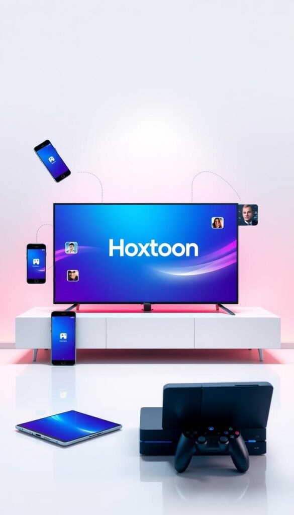A vibrant and visually captivating image showcasing the multi-device compatibility of the Hoxtoon Provider. In the foreground, a sleek and modern smart TV displays the Hoxtoon logo, surrounded by a diverse array of devices - a smartphone, tablet, laptop, and gaming console - all seamlessly connected and harmoniously interacting with the Hoxtoon service. The middle ground features a clean, minimalist design aesthetic, with a subtle gradient background that sets the tone for a tech-savvy and user-friendly experience. Soft, diffused lighting illuminates the scene, creating a sense of warmth and professionalism. The overall composition conveys the idea of a comprehensive, cross-platform solution that empowers users to access their favorite content anytime, anywhere, on any device.