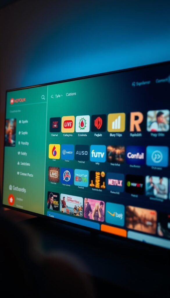 A vibrant and visually compelling IPTV streaming solution interface, showcasing the expansive channel categories and premium offerings of the Hoxtoon Provider platform. A clean, modern layout features distinct content sections, with sharp, detailed icons and clear, legible typography. Soft, warm lighting illuminates the scene, creating a sense of inviting professionalism. The interface is presented from a slightly low angle, conveying a sense of quality and authority. The overall aesthetic strikes a balance between technological sophistication and user-friendly accessibility, reflecting Hoxtoon Provider's commitment to delivering an exceptional streaming experience.