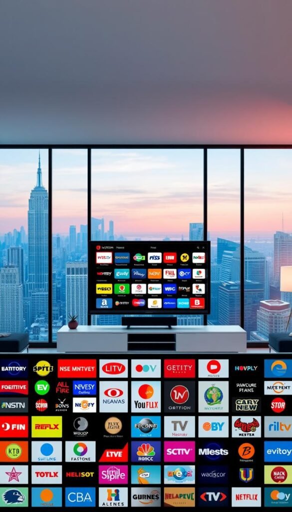 A vibrant and visually compelling image showcasing the diverse channel offerings of the Hoxtoon IPTV provider in the USA. The foreground features a neatly arranged grid of colorful channel logos, representing the breadth of content available, from news and sports to movies and entertainment. The middle ground depicts a sleek, modern living room setting, with a large flatscreen TV prominently displaying an eye-catching IPTV interface. The background seamlessly blends a cityscape skyline with subtle hues of red, white, and blue, evoking a sense of American pride and accessibility. Crisp, high-definition lighting and a slight cinematic depth-of-field create a professional, premium atmosphere. This image effectively conveys the channel diversity and high-quality IPTV service offered by the Hoxtoon Provider.