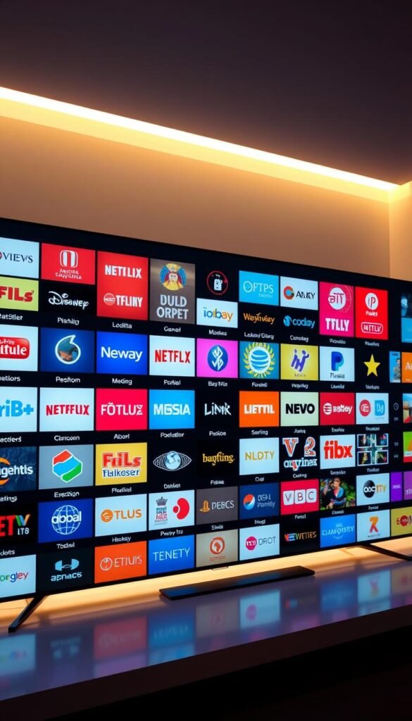 A vibrant and visually striking library of IPTV channels, showcasing the impressive breadth of Hoxtoon Provider's content offering. The scene depicts a sleek, modern interface with a grid of channel logos and thumbnails, each meticulously designed to captivate the viewer. The layout is clean and intuitive, with a minimalist aesthetic that emphasizes the sheer variety of programming available. Soft, diffuse lighting casts a warm glow over the scene, creating a sense of depth and dimensionality. The camera angle is slightly elevated, providing an immersive, panoramic view of the channel library, inviting the viewer to explore the vast selection. The overall mood is one of excitement and anticipation, hinting at the wealth of entertainment options that await Toshiba Smart TV users who choose Hoxtoon Provider as their IPTV solution.