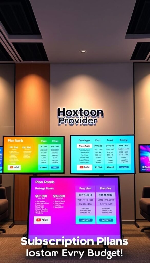 A vibrant and visually striking set of IPTV subscription plans, presented on sleek digital displays against a backdrop of modern office decor. The foreground showcases a range of plan options, each with its own unique package details and pricing information, expertly laid out in a clean and organized manner. The middle ground features the prominent "Hoxtoon Provider" branding, conveying a sense of trustworthiness and reliability. The background is softly lit, with a subtle blend of warm and cool tones, creating a professional and inviting atmosphere. The overall composition strikes a balance between informative clarity and aesthetic appeal, making it an engaging and visually compelling illustration for the article's "Affordable Subscription Plans for Every Budget" section.