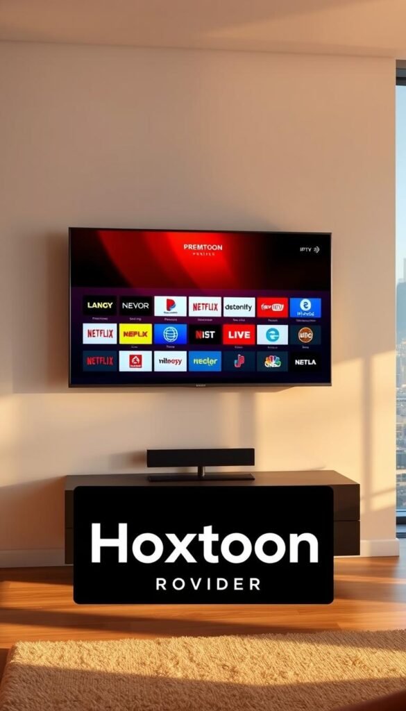 A vibrant array of IPTV channels displayed on a sleek, modern television screen. The screen is mounted on a minimalist white wall, bathed in warm, natural lighting that creates a cozy, inviting atmosphere. In the foreground, the "Hoxtoon Provider" logo is prominently featured, showcasing the premium IPTV service. The middle ground features a grid of various channel logos, each with a distinct color palette and design, creating a visually striking and organized display. The background showcases a cityscape through a large window, adding depth and a sense of urban vibrancy to the scene. The overall composition conveys the idea of unlimited entertainment and a premium IPTV experience.