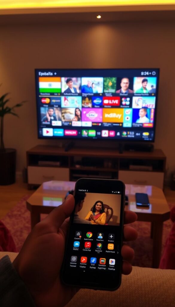 A vibrant array of Indian television channels live streaming on various devices, showcasing the diverse entertainment and news offerings from the subcontinent. The scene depicts a modern living room setup, with a sleek smart TV displaying a selection of popular channels from the Hoxtoon Provider platform. Soft, warm lighting illuminates the space, creating a cozy and inviting atmosphere. In the foreground, a smartphone or tablet is prominently featured, allowing for seamless access to the Hoxtoon Provider IPTV service and its vast library of Indian content. The overall composition emphasizes the convenience and accessibility of enjoying a wide range of Indian channels through the Hoxtoon Provider platform.