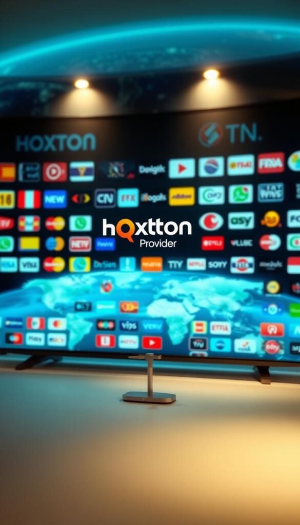 A vibrant array of international TV channels spanning the globe, showcased on a sleek, modern interface. In the foreground, the Hoxtoon Provider logo stands prominently, radiating a sense of quality and authority. The middle ground displays a seamless grid of channel logos, each representing a distinct cultural perspective, from news to entertainment to sports. The background features a dynamic, ever-changing display of world maps and satellite imagery, conveying the comprehensive global reach of the service. Soft, diffused lighting casts a warm, inviting glow, while the composition is framed by a subtle cinematic lens, lending an air of professionalism and sophistication. The overall impression is one of a comprehensive, high-quality IPTV provider capable of catering to a diverse international audience.