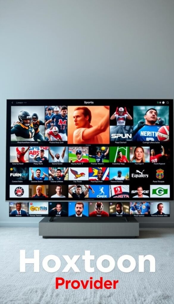 A vibrant array of sports channels displayed on a sleek, modern interface. In the foreground, the Hoxtoon Provider logo prominently showcases the breadth of its 21,000+ channel lineup. The middle ground features a diverse selection of sports programming, from popular leagues to niche events, all accessible through a polished, user-friendly layout. The background is a softly blurred, minimalist backdrop, allowing the channels to take center stage and convey a sense of comprehensive sports entertainment. Lighting is clean and balanced, with a subtle hint of depth and dimension to the overall composition. The overall mood is one of professionalism, accessibility, and the promise of a rich, immersive sports viewing experience.