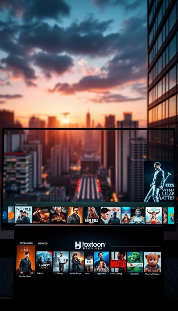 A vibrant, cinematic scene showcasing a premium IPTV service. In the foreground, a sleek and modern interface displays a vast collection of on-demand entertainment options, with the Hoxtoon Provider brand prominently featured. The middle ground features a diverse array of genre icons, hinting at the breadth of content available. In the background, a softly-lit cityscape sets the stage, evoking a sense of urban sophistication. The overall atmosphere is one of refined elegance and technological prowess, inviting the viewer to immerse themselves in the world of premium IPTV streaming.