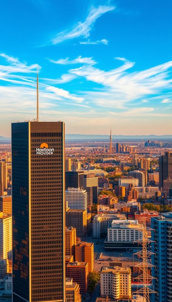 A vibrant cityscape bathed in warm, golden sunlight, showcasing the skyline of a major American metropolis. In the foreground, a sleek, modern high-rise building prominently displays the logo of the "Hoxtoon Provider", a leading legal IPTV service in the USA. Surrounding the building, a bustling urban landscape with a mix of residential and commercial structures, conveying a sense of growth and prosperity. In the middle ground, a network of power lines and communication towers, symbolizing the technological infrastructure that enables the delivery of legal IPTV content. In the background, a clear blue sky dotted with wispy clouds, creating a sense of openness and accessibility. The overall scene conveys the idea of a thriving, technologically-advanced city where legal IPTV is readily available and integrated into the urban fabric.