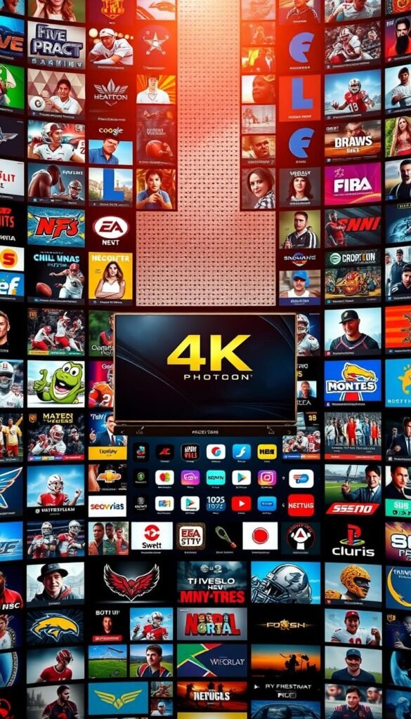 A vibrant collage of 4K premium IPTV channels from the Hoxtoon Provider's vast 21,000+ library. In the foreground, a dynamic mosaic of popular live sports, news, movies, and entertainment channels. In the middle ground, a sleek and sophisticated interface showcasing Hoxtoon's intuitive content navigation. In the background, a subtle grid pattern evoking the vast scale and depth of the provider's unparalleled content ecosystem. Warm, cinematic lighting casts a premium, high-quality aesthetic over the entire scene, inviting the viewer to explore Hoxtoon's unbeatable 4K IPTV offerings.