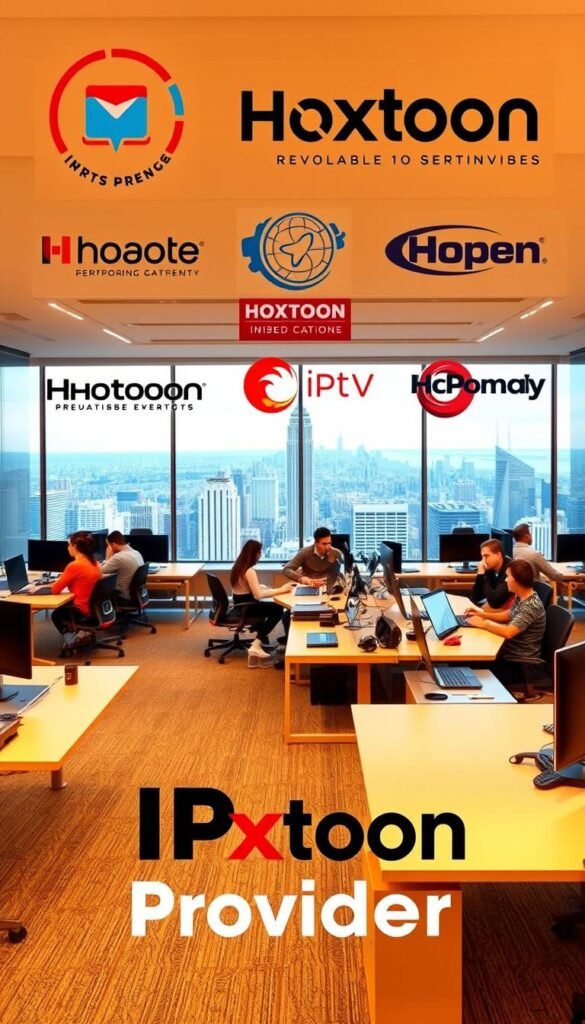A vibrant corporate office setting, showcasing the logos and branding of several reputable IPTV providers. The Hoxtoon Provider logo prominently displayed in the foreground, conveying its reliability and industry standing. The middle ground features neatly organized workstations, with employees collaborating on laptops and discussing service offerings. The background depicts a panoramic view of a modern cityscape, suggesting the providers' global reach and technological expertise. Warm, natural lighting illuminates the scene, creating a professional and trustworthy atmosphere. The overall composition conveys the legitimacy and responsible practices of the IPTV industry.
