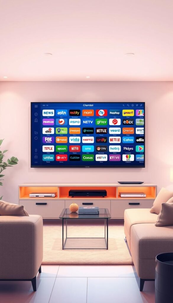 A vibrant, detailed illustration of the Hoxtoon Provider's extensive channel library, capturing the premium IPTV experience. A sleek, high-tech interface showcases a diverse array of channel logos, from news and sports to movies and entertainment, against a backdrop of a modern, minimalist living room setting. Soft, warm lighting illuminates the scene, creating a cozy, inviting atmosphere. The composition emphasizes the breadth and quality of the channel selection, with a focus on the Hoxtoon Provider brand identity and the sense of elevated, premium streaming.