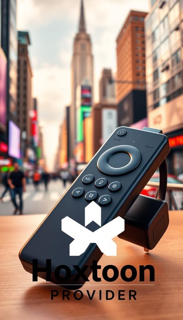 A vibrant firestick device prominently displayed, its glowing red buttons and sleek black exterior contrasting against a backdrop of a bustling urban cityscape. In the foreground, the "Hoxtoon Provider" logo is subtly integrated, alluding to the rise of IPTV services in the United States. The scene is illuminated by warm, natural lighting, creating a sense of accessibility and approachability. The overall composition conveys the growing popularity and accessibility of IPTV technology, particularly for Firestick users in the USA.