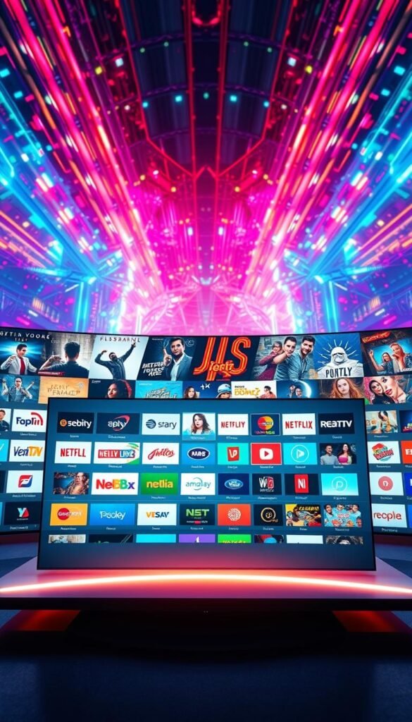 A vibrant, futuristic IPTV channel interface, showcasing an abundance of entertainment options. In the foreground, a sleek, minimalist display with crisp, high-definition channel logos and thumbnails, illuminated by a soft, ambient glow. The middle ground features a dynamic grid of diverse content categories, inviting the viewer to explore the vast library of live channels and on-demand videos. In the background, a kaleidoscopic array of digital waveforms and abstract geometric patterns, symbolizing the cutting-edge technology powering the Hoxtoon Provider IPTV platform. The overall scene conveys a sense of immersive, cutting-edge entertainment, inspiring the viewer to discover the endless possibilities of IPTV.