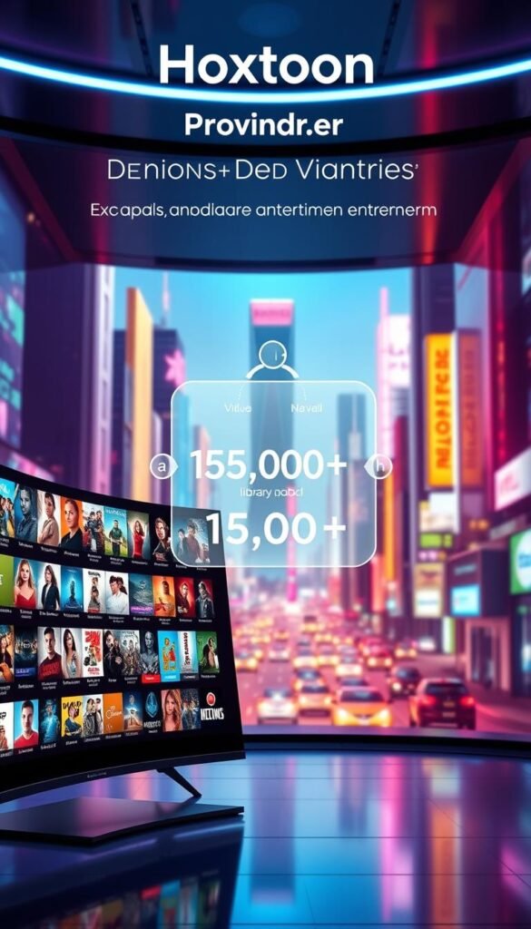 A vibrant, futuristic on-demand entertainment hub showcasing the Hoxtoon Provider brand. In the foreground, a sleek, curved display screen depicts a vast selection of video-on-demand titles, ranging from blockbuster movies to captivating TV shows. The middle ground features a minimalist, holographic interface with intuitive controls, allowing seamless navigation through the expansive 150,000+ VOD library. In the background, a dynamic, neon-lit cityscape sets the stage, hinting at the boundless entertainment possibilities offered by Hoxtoon's IPTV platform. The overall scene exudes a sense of technological sophistication, immersion, and limitless entertainment at the user's fingertips.