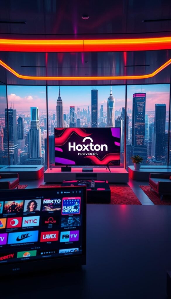 A vibrant, futuristic scene of the "Hoxtoon Provider" premium IPTV service. In the foreground, a sleek, high-tech interface with a grid of colorful streaming channels and on-demand content. The middle ground features a sleek, modern living room setup with a large, state-of-the-art television displaying Hoxtoon's logo and branding. In the background, a cityscape of skyscrapers and futuristic architecture bathed in a warm, neon-tinged glow, suggesting the boundless entertainment possibilities of this advanced IPTV platform. The lighting is crisp and cinematic, with dramatic shadows and highlights accentuating the premium, high-quality aesthetic. The overall mood is one of innovation, technology, and the future of home entertainment.