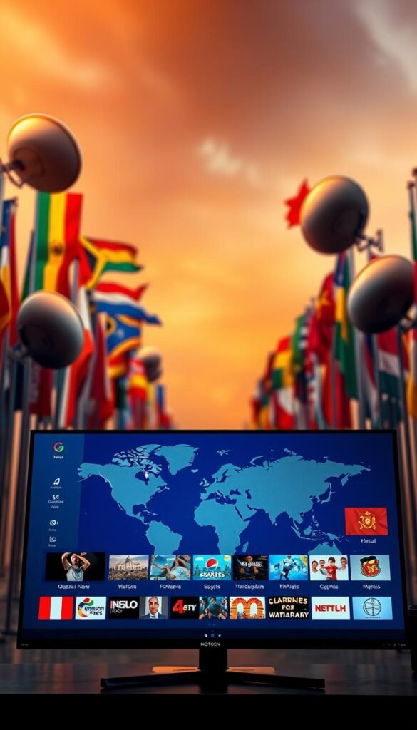 A vibrant, global array of IPTV content unfolds against a backdrop of international flags and satellite dishes. In the foreground, a sleek, modern interface showcases a diverse selection of channels, ranging from news and sports to movies and documentaries, all accessible through the Hoxtoon Provider platform. The middle ground features a world map, highlighting the reach and connectivity of the service, while the background is illuminated by a warm, cinematic lighting that evokes a sense of exploration and discovery. The overall composition conveys the seamless integration of international programming and the ease of access provided by the Hoxtoon Provider IPTV solution.