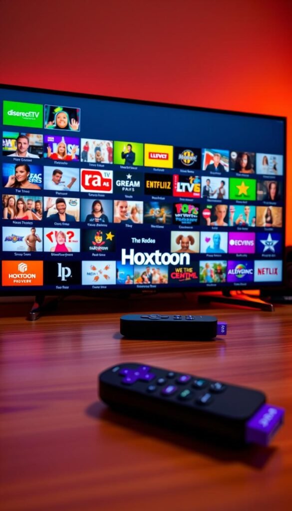A vibrant, high-definition image of a Roku TV screen displaying a wide array of IPTV channels offered by the Hoxtoon Provider service. The foreground showcases a clean, modern user interface with a grid of colorful channel icons, each representing a diverse range of live TV content, from news and sports to movies and entertainment. The middle ground features the Hoxtoon Provider logo prominently displayed, conveying the brand's identity and reliable streaming platform. The background showcases a sleek, minimalist Roku device, complementing the overall aesthetic and highlighting the seamless integration between the IPTV service and the Roku TV ecosystem. The scene is bathed in warm, ambient lighting, creating a inviting and visually appealing atmosphere that reflects the abundance of entertainment options available through the Hoxtoon Provider's comprehensive IPTV channel lineup.
