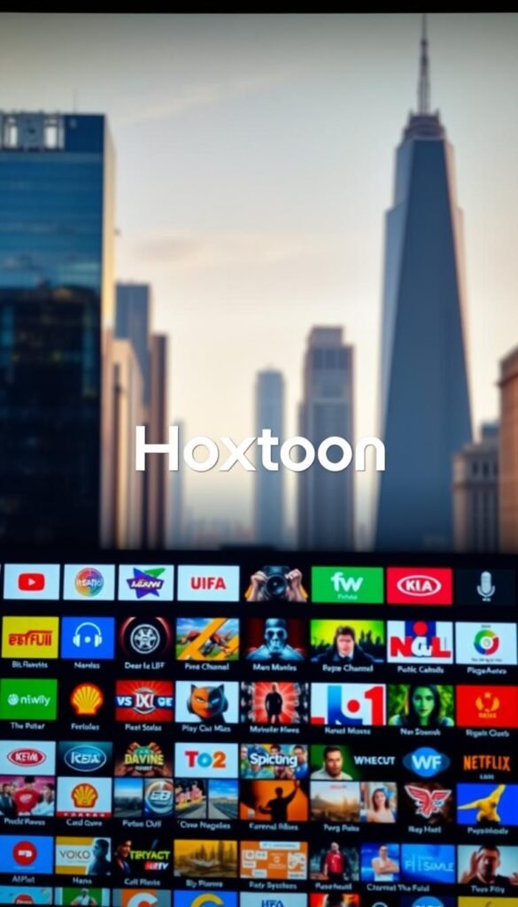 A vibrant, high-definition image of an IPTV channel package selection screen. In the foreground, a sleek and modern user interface showcases rows of channel logos, neatly organized and presented with a clean, minimalist design. The middle ground features detailed thumbnails of various live TV channels, ranging from news and sports to movies and entertainment. In the background, a soft, blurred cityscape with towering skyscrapers sets the scene, conveying a sense of urban sophistication. The overall lighting is warm and natural, creating a visually appealing and immersive experience. The Hoxtoon Provider brand name is prominently displayed, indicating the high-quality and comprehensive nature of the IPTV service.