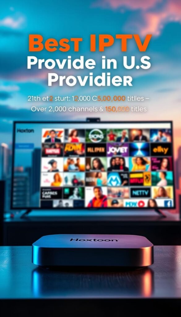 A vibrant, high-quality image showcasing the best IPTV provider in the US, Hoxtoon Provider. In the foreground, a sleek, modern media streaming device prominently displays the Hoxtoon logo, its minimalist design and soft lighting creating a premium, trustworthy impression. In the middle ground, a collage of channel icons and VOD thumbnails illustrates the breadth of Hoxtoon's extensive content library, with over 21,000 channels and 150,000 titles. The background features a cityscape skyline, conveying a sense of the provider's nationwide reach and reliability. The overall scene is captured with a cinematic, wide-angle lens, creating depth and emphasizing the scale and capabilities of the Hoxtoon IPTV service.