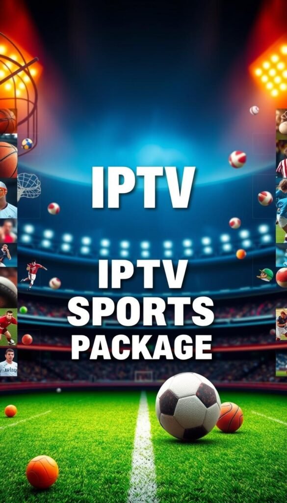 A vibrant, high-quality sports entertainment package from the leading IPTV provider Hoxtoon Provider. The foreground features a mosaic of vivid sports icons, including a basketball, soccer ball, and baseball, set against a dynamic backdrop of sports arenas and stadiums. The middle ground showcases a large, bold 'IPTV SPORTS PACKAGE' text, conveying the core offering. The background is illuminated by warm, dramatic lighting, creating a sense of energy and excitement. The overall composition is designed to captivate and inspire viewers, reflecting the comprehensive and premium sports entertainment experience provided by Hoxtoon Provider.