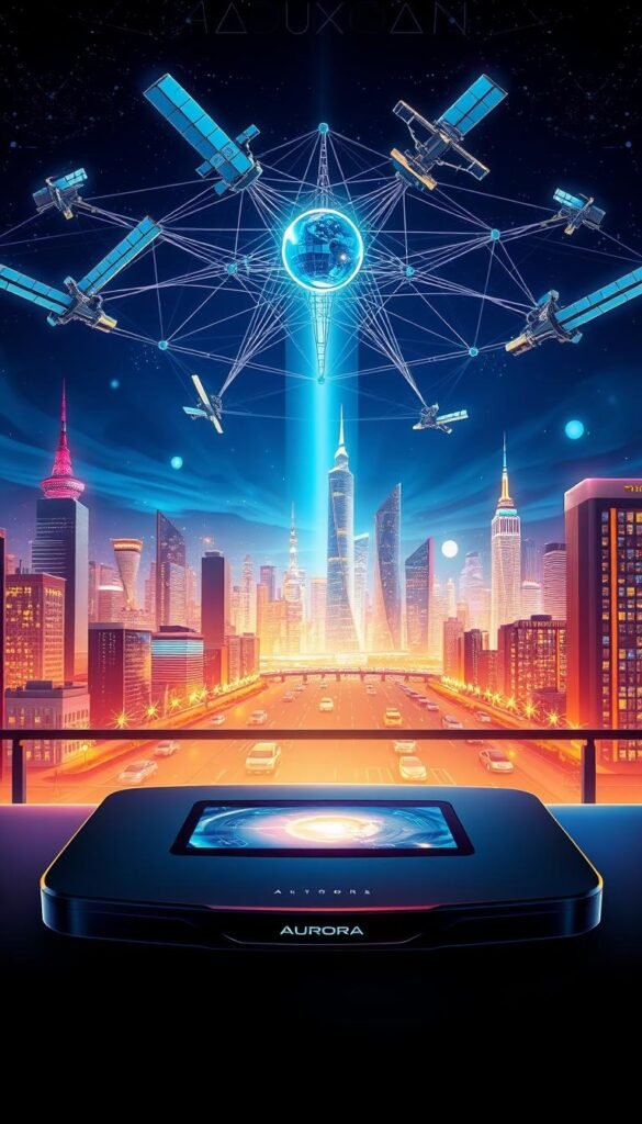 A vibrant, high-resolution illustration of the "Aurora Premium IPTV Technology" by Hoxtoon Provider. In the foreground, a sleek, futuristic device with a glowing display showcases the advanced IPTV capabilities. In the middle ground, a network of interconnected satellites and servers represents the robust infrastructure powering the service. The background depicts a cityscape at night, with skyscrapers and neon lights, symbolizing the wide availability and accessibility of the premium IPTV content. The scene is illuminated by a warm, cinematic lighting, creating a sense of sophistication and technological prowess.