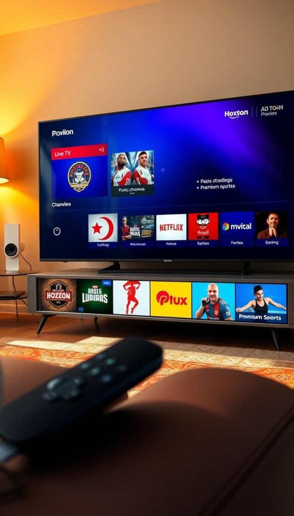A vibrant living room with a Roku TV displaying a selection of IPTV apps, including the Hoxtoon Provider app, showcasing its intuitive interface and diverse content offerings. The apps are arranged neatly, highlighting their user-friendly design and the convenience of accessing a wide range of live TV channels, on-demand movies, and premium sports content. The room is illuminated by warm, natural lighting, creating a cozy and inviting atmosphere, perfect for enjoying the immersive IPTV experience on the Roku TV.