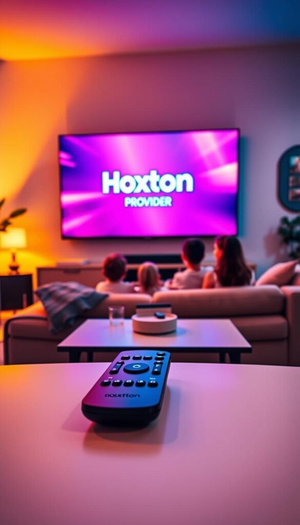 A vibrant living room with a large flatscreen TV displaying the Hoxtoon Provider logo, showcasing the latest in IPTV streaming technology. The room is bathed in warm, ambient lighting, creating a cozy and inviting atmosphere. In the foreground, a modern, minimalist coffee table features a sleek remote control, symbolizing the convenience of on-demand entertainment. The middle ground features a comfortable sofa, where a family is gathered, eagerly watching the TV screen. In the background, subtle hints of technological devices and accessories suggest the seamless integration of IPTV into the modern home. The overall scene conveys the evolution of television entertainment, where cutting-edge IPTV technology has transformed the way we experience and enjoy our favorite shows and movies.