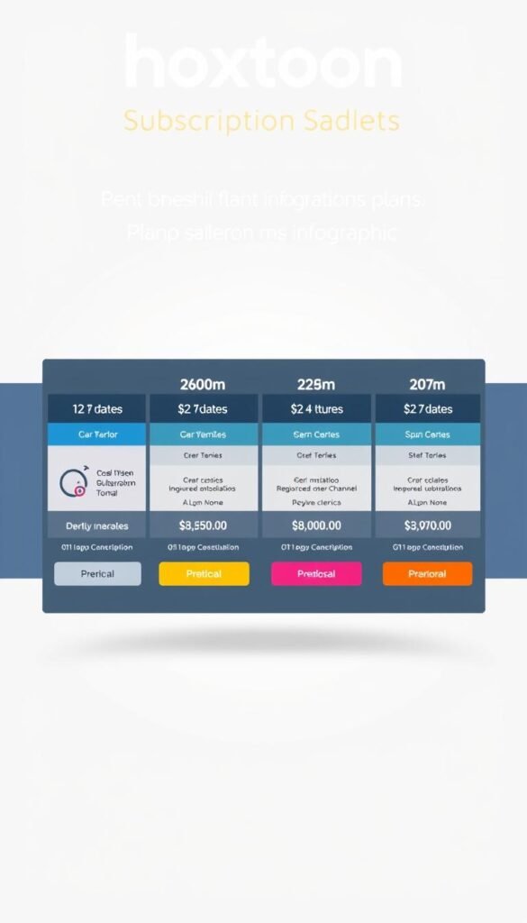 A vibrant, minimalist infographic showcasing the subscription plans offered by Hoxtoon Provider, a leading IPTV service in Spain. In the foreground, a sleek grid layout displays the various plan tiers, each with their distinct pricing, channel counts, and feature highlights. The middle ground features stylized icons and infographic elements that visually communicate the key plan details. The background is a clean, light-colored gradient that keeps the focus on the core plan information. The overall aesthetic is polished, modern, and easy to comprehend, conveying the professionalism and reliability of the Hoxtoon Provider brand.
