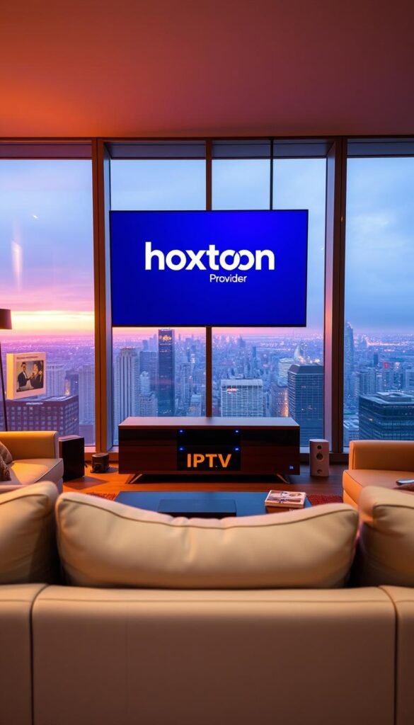 A vibrant, modern living room setup with a large, high-definition television screen prominently displayed. The television is connected to a sleek, black set-top box labeled "Hoxtoon Provider", showcasing the IPTV service. The room is bathed in warm, diffused lighting, creating a cozy and inviting atmosphere. In the foreground, a comfortable sofa and armchair arrangement provide a perfect viewing experience. The middle ground features a minimalist, yet stylish, entertainment center with various media devices. The background showcases floor-to-ceiling windows, offering a panoramic view of a bustling city skyline, reflecting the idea of boundless entertainment options.