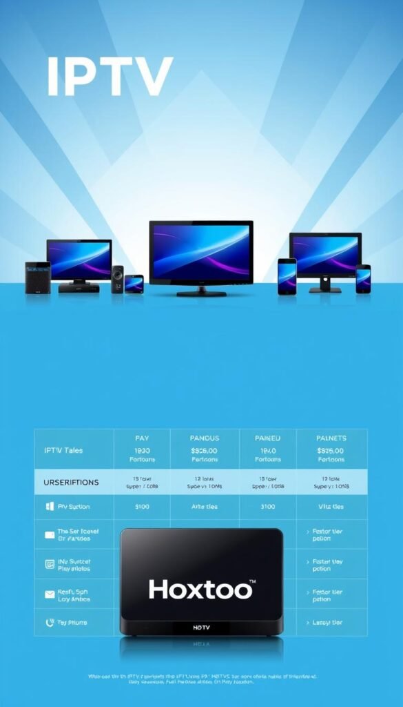 A vibrant, modern-looking illustration of IPTV subscription plans offered by the Hoxtoon Provider. The foreground features a prominent "Hoxtoon Provider" logo along with detailed plan options, clearly delineated by icons and pricing information. The middle ground showcases an array of smart devices, such as TVs, tablets, and smartphones, representing the various platforms supported by the IPTV service. The background has a sleek, minimalist design with geometric shapes and gradient effects, creating a professional and visually appealing composition. The overall mood is one of sophistication, accessibility, and a wide range of entertainment options for the viewer.