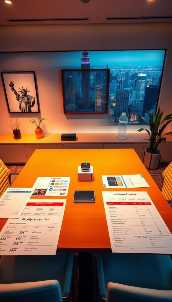 A vibrant, modern office setting with a large desk showcasing Hoxtoon Provider's flexible pricing plans. The desk is illuminated by warm, soft lighting, casting a cozy atmosphere. On the desk, various documents and charts display Hoxtoon's different subscription tiers, packages, and pricing options. In the background, a minimalist wall decor and a panoramic view of a bustling city skyline provide a professional, urban context. The overall scene conveys Hoxtoon's reliable, transparent, and customer-centric approach to IPTV services in the USA.
