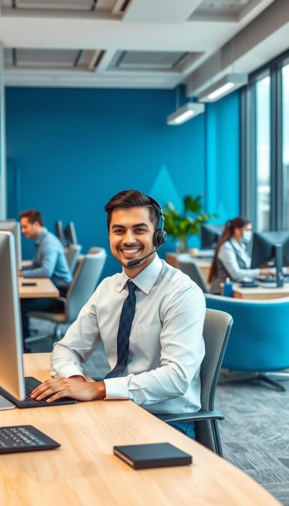 A vibrant, modern office space with a professional customer support team representing the Hoxtoon Provider brand. In the foreground, a customer service agent sits at a desk, wearing a crisp white shirt and navy blue tie, exuding a warm, welcoming demeanor as they assist a client over the phone. The middle ground features other support staff diligently working on their computers, surrounded by sleek, minimalist furniture and decor in the Hoxtoon brand colors of blue and gray. The background showcases large windows, allowing natural light to flood the space and create a bright, airy atmosphere. The overall scene conveys Hoxtoon Provider's commitment to excellence in customer support and their dedication to delivering a premium IPTV experience.