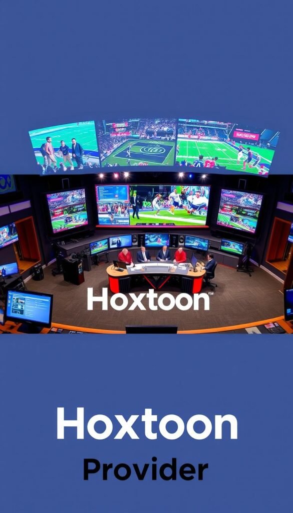 A vibrant panoramic image of a regional sports network broadcast studio. In the foreground, a modern control room with high-tech equipment and screens displaying dynamic sports coverage. In the middle ground, a large anchor desk with multiple presenters discussing the latest games and highlights, surrounded by sleek studio lighting and camera gear. In the background, a towering video wall showcases exciting sports action, creating an immersive atmosphere. The overall scene conveys a sense of energy, professionalism, and the excitement of live sports programming. Hoxtoon Provider's logo is prominently displayed, highlighting its role in delivering these regional sports networks.