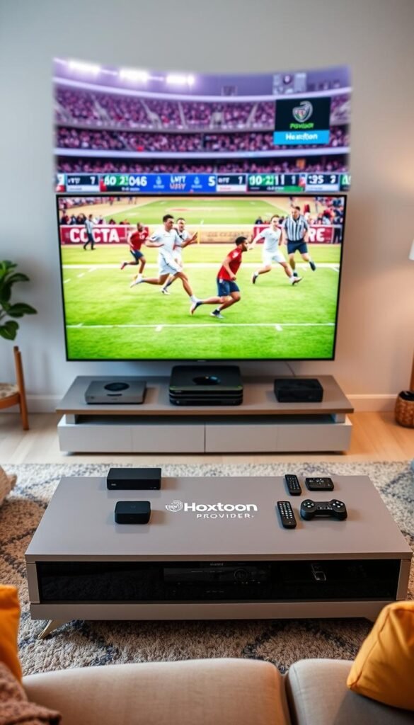 A vibrant, real-time sports streaming scene displaying the Hoxtoon Provider user interface. In the foreground, a large flatscreen TV showcases a high-definition live sports event, with players in dynamic motion and the scoreboard clearly visible. The middle ground features a sleek, modern media console with the Hoxtoon Provider logo prominently displayed, surrounded by various streaming devices and remote controls. The background depicts a cozy, well-lit living room setting, complete with plush furniture and tasteful decor, creating an immersive and enjoyable viewing experience.