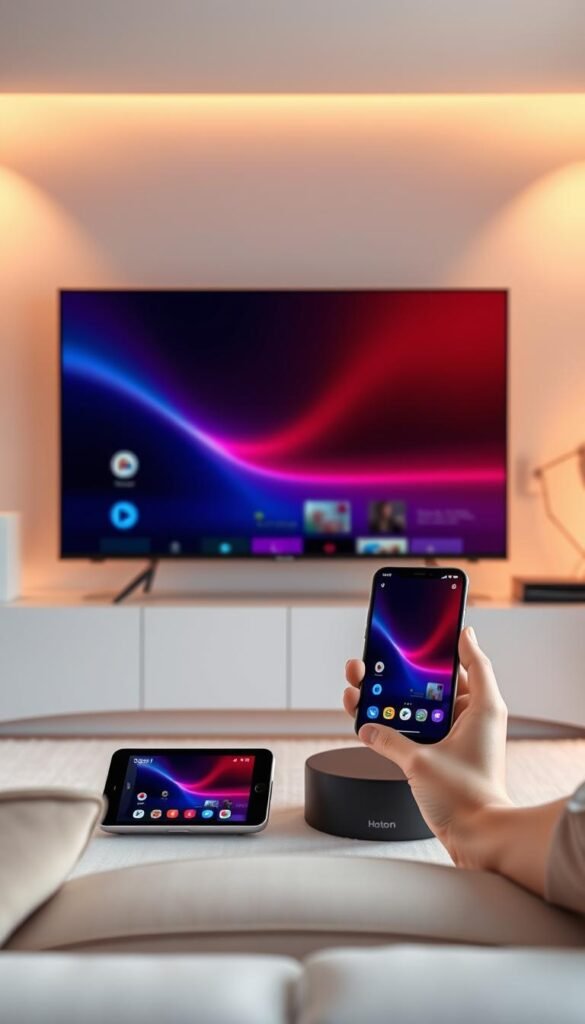 A vibrant, seamless display of digital harmony. A living room setup showcases a smart TV, tablet, and smartphone, all effortlessly synced under the Hoxtoon Provider ecosystem. Warm lighting subtly accentuates the devices, while a minimalist, modern aesthetic permeates the scene. Elegant curves and clean lines convey a sense of refined technology. The devices appear to float, highlighting their wireless connectivity and responsive user experiences. An atmosphere of versatility and control emanates, inviting the viewer to immerse themselves in a truly integrated, multi-device compatible entertainment landscape.