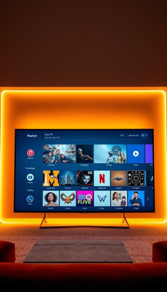 A vibrant, seamless user interface for a smart IPTV guide, showcasing the Hoxtoon Provider's intuitive navigation. Sleek and modern design with a clean layout, featuring a central grid of channel thumbnails. Elegant icons and menus for easy access to live TV, on-demand content, and customization options. Warm, subtle lighting illuminates the interface, creating a welcoming and visually appealing experience. The guide is presented from a slightly high, cinematic angle, emphasizing its user-friendly and comprehensive nature. The overall atmosphere conveys a sense of effortless control and enjoyment of the IPTV service.