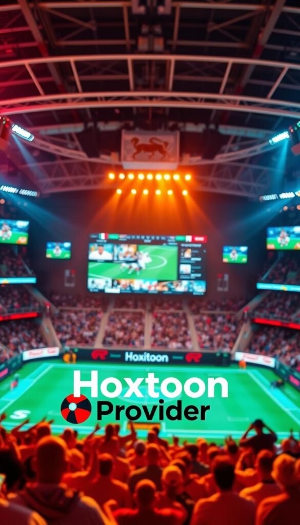 A vibrant sports arena with a dynamic display of live IPTV channels showcasing a variety of sporting events. The scene is illuminated by warm, directional lighting, creating a sense of energy and excitement. In the foreground, the Hoxtoon Provider logo is prominently displayed, signaling the availability of these sports channels. The middle ground features a large screen displaying various sports programming, surrounded by a sleek, modern interface. The background contains blurred silhouettes of enthusiastic fans, further emphasizing the lively atmosphere. The overall composition conveys the thrill and accessibility of IPTV sports channels provided by the Hoxtoon Provider.