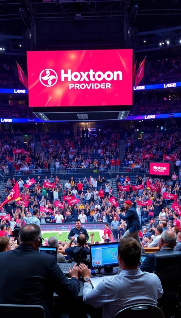 A vibrant sports arena with a large LED screen showcasing the Hoxtoon Provider logo and graphics. In the foreground, professional sports commentators are engaged in a lively discussion, surrounded by state-of-the-art broadcast equipment. The middle ground features a diverse audience of sports enthusiasts cheering and waving Hoxtoon Provider flags. The background is filled with the energy and excitement of a live sporting event, captured through dynamic lighting and camera angles. The overall scene conveys the premium quality and comprehensive sports coverage offered by the Hoxtoon Provider IPTV service.
