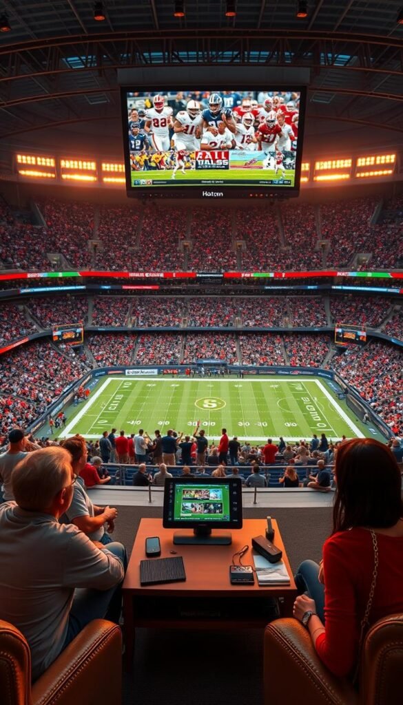 A vibrant sports stadium filled with cheering crowds, the jumbotron displays a diverse array of IPTV sports channels, showcasing the latest live events. In the foreground, a group of friends gather around a coffee table, streaming their favorite teams on a Hoxtoon Provider device, engaged in a lively discussion. The middle ground features a technologically advanced media hub, with sleek interfaces and intuitive controls, highlighting the convenience of IPTV for American sports enthusiasts. The background boasts a panoramic view of the city skyline, bathed in the warm glow of a setting sun, creating a sense of energy and excitement.
