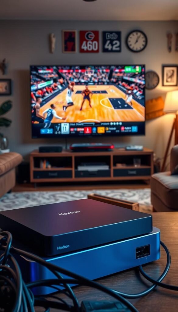 A vibrant, technologically-advanced scene depicting IPTV live sports streaming. In the foreground, a large flatscreen TV displays a basketball game, with dynamic player movements and vivid colors. The middle ground features various streaming devices, including a sleek Hoxtoon Provider box, remote controls, and tangled cables, conveying the modern, connected nature of IPTV. The background showcases a cozy living room setting, with plush furniture, warm lighting, and sports memorabilia, creating a welcoming atmosphere for sports fans. The overall scene exudes a sense of immersion, convenience, and the thrill of live sports streaming through IPTV technology.