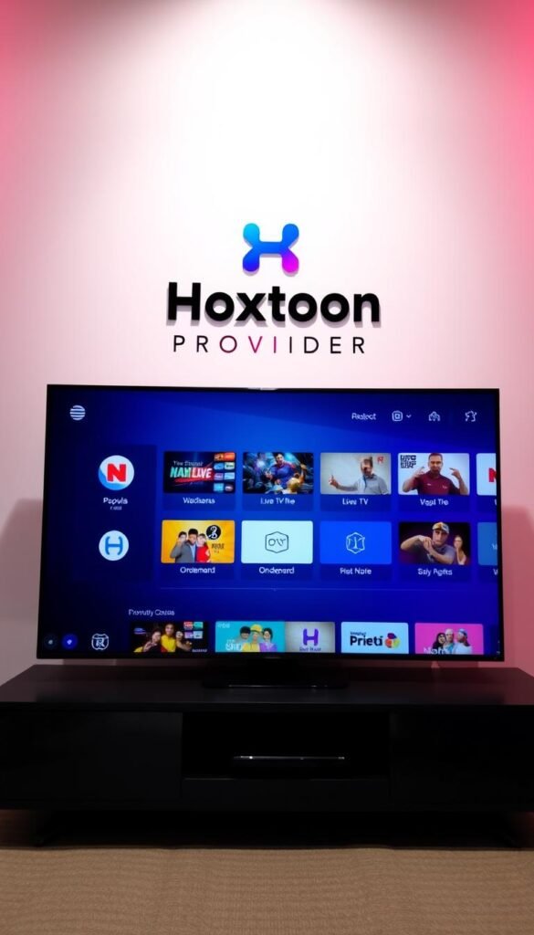 A vibrant, well-designed IPTV interface with the Hoxtoon Provider logo prominently displayed. The foreground showcases a clean, intuitive dashboard with a selection of popular live TV channels, on-demand content, and user-friendly navigation menus. The middle ground features sleek, high-quality icons and graphics, conveying a sense of reliability and professionalism. The background depicts a subtle, gradient-based pattern in complementary colors, creating a visually striking and modern aesthetic. The overall scene is illuminated by soft, directional lighting that enhances the sense of depth and clarity, capturing the reliable and premium nature of the Hoxtoon IPTV service.