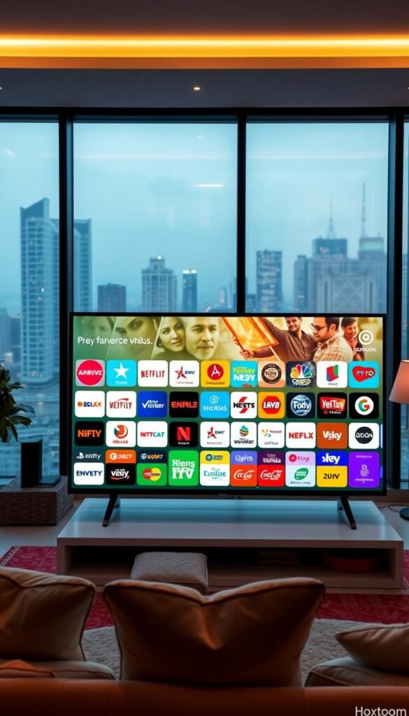 A vibrant, wide-angle shot of an Indian television display showcasing the diverse range of online channels available through the Hoxtoon Provider service. The foreground features a sleek, modern smart TV displaying a lively grid of channel logos, with a clean, minimalist interface. The middle ground shows a cozy living room setting, with plush seating and warm lighting creating a comfortable atmosphere for viewers to enjoy their favorite content. In the background, a large window offers a glimpse of a bustling urban skyline, hinting at the global reach and accessibility of the Hoxtoon platform. The overall mood is one of digital entertainment, cultural richness, and the convenience of on-demand streaming for Indian TV enthusiasts.