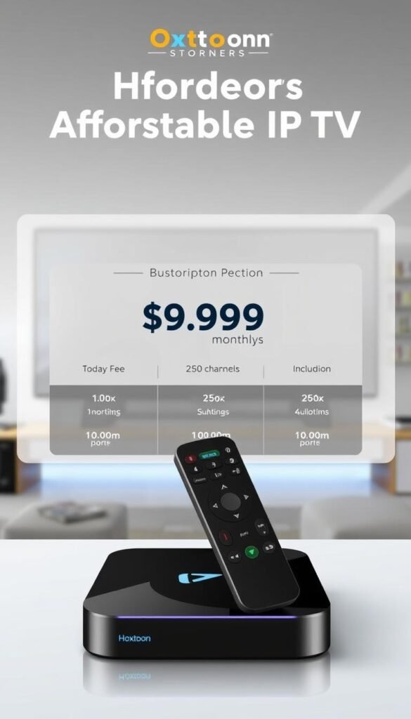 A visually appealing and informative image depicting Hoxtoon Provider's affordable IPTV subscription plans. In the foreground, a stylized IPTV set-top box and remote control command attention, showcasing the simplicity and convenience of Hoxtoon's streaming services. The middle ground features a clean, minimalist layout highlighting the key plan details, such as the $9.99 monthly fee and the inclusion of over 250 channels. The background is softly blurred, creating a sense of focus on the core offering. The overall composition and color palette convey a modern, tech-savvy, and accessible atmosphere, reflecting Hoxtoon Provider's commitment to delivering affordable and flexible IPTV solutions.