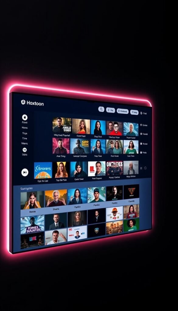 A visually captivating and intuitive user interface for the Hoxtoon Provider IPTV service. A sleek, modern design with a clean layout and easy-to-navigate menus. The main screen showcases a grid of popular live channels, with high-quality thumbnails and clear channel names. The side menu offers quick access to categories like Movies, Sports, News, and more. Subtle lighting accents highlight the refined aesthetics, creating a premium, immersive viewing experience. Dynamic transitions between screens and seamless content browsing reflect the service's user-friendly approach. An elegant, yet powerful platform that caters to the diverse entertainment needs of modern IPTV users.