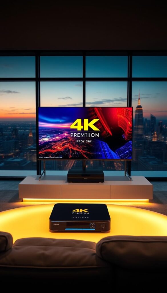 A visually striking 4K Premium IPTV setup showcased in a sleek, modern interior. The screen displays vibrant, high-resolution content, with the Hoxtoon Provider logo prominently displayed. In the foreground, a high-end streaming device sits atop a minimalist entertainment unit, surrounded by ambient lighting that creates a warm, inviting atmosphere. The middle ground features a comfortable, plush sofa, inviting the viewer to immerse themselves in the premium viewing experience. The background depicts large windows overlooking a picturesque urban skyline, bathed in the soft glow of the setting sun. The overall scene conveys a sense of luxury, technological sophistication, and the unparalleled quality of the 4K Premium IPTV service provided by Hoxtoon.