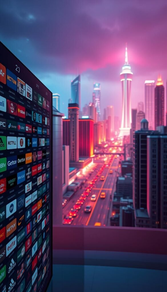 A visually striking and neatly organized IPTV channel list, showcasing the extensive 21,000+ channel library of the Hoxtoon Provider. The foreground features a sleek, modern UI with crisp channel logos and descriptions, expertly arranged in a grid layout. The background displays a vibrant, futuristic cityscape, bathed in a warm, cinematic lighting that creates a sense of depth and sophistication. The scene is captured with a wide-angle lens, creating an immersive, panoramic view that invites the viewer to explore the channel offerings. The overall mood is one of technological innovation and premium entertainment, reflecting the high-quality services of the Hoxtoon Provider.