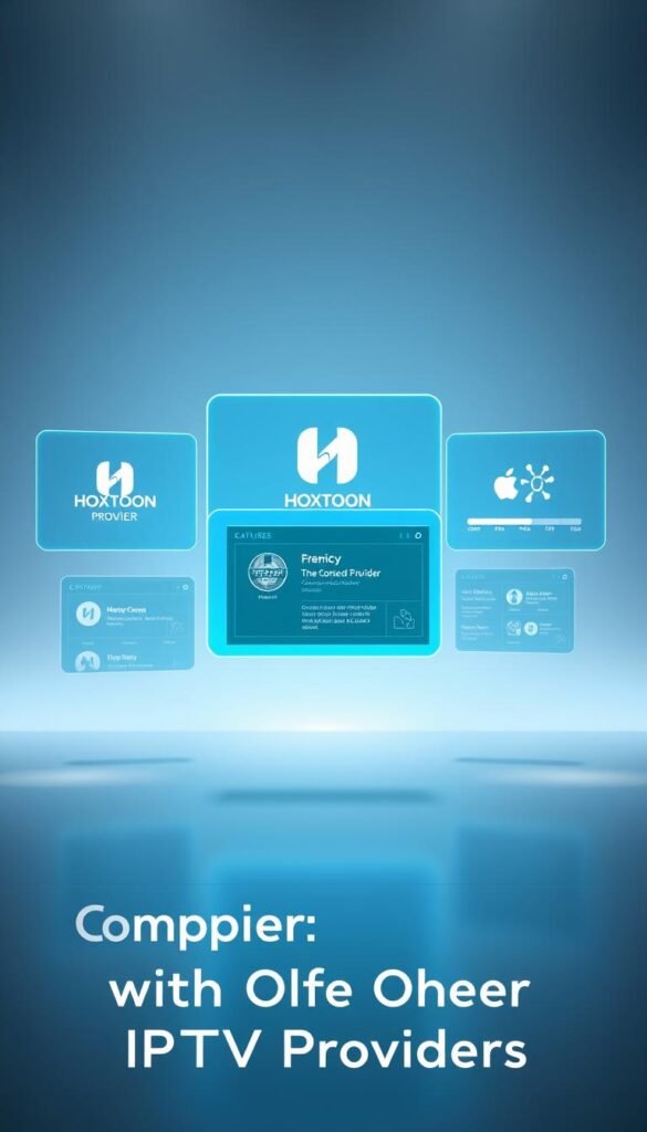 A visually striking comparison of IPTV providers, showcasing the features and capabilities of the Hoxtoon Provider against a sleek, high-tech backdrop. The scene depicts three floating holographic interfaces, each displaying the logo and key information of a different IPTV service. Hoxtoon Provider's interface is prominently featured, its intuitive design and expansive content library highlighted. Soft, diffused lighting illuminates the scene, creating a sense of depth and emphasizing the futuristic, digital atmosphere. The overall composition conveys a sense of authority, professionalism, and technological sophistication, perfectly suited to illustrate the "Comparing Hoxtoon with Other IPTV Providers" section.
