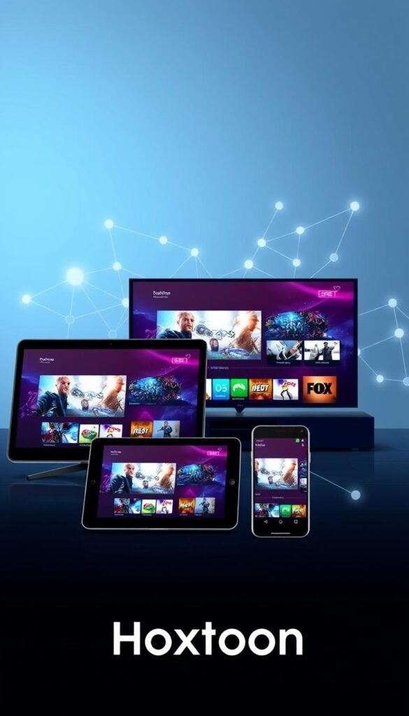A visually striking illustration of multi-device compatibility, showcasing an array of modern electronic devices seamlessly connected and streaming content from the Hoxtoon Provider platform. In the foreground, a sleek smart TV, tablet, and smartphone are arranged in a harmonious composition, their screens displaying vibrant, high-quality video. The middle ground features a stylized, futuristic network of interconnected lines and glowing nodes, representing the seamless integration and responsiveness of the Hoxtoon ecosystem. The background subtly depicts a minimalist, high-tech environment, with clean lines and a cool color palette that enhances the sense of advanced technology and user-centric design. The overall mood is one of effortless connectivity, cutting-edge innovation, and a premium user experience.