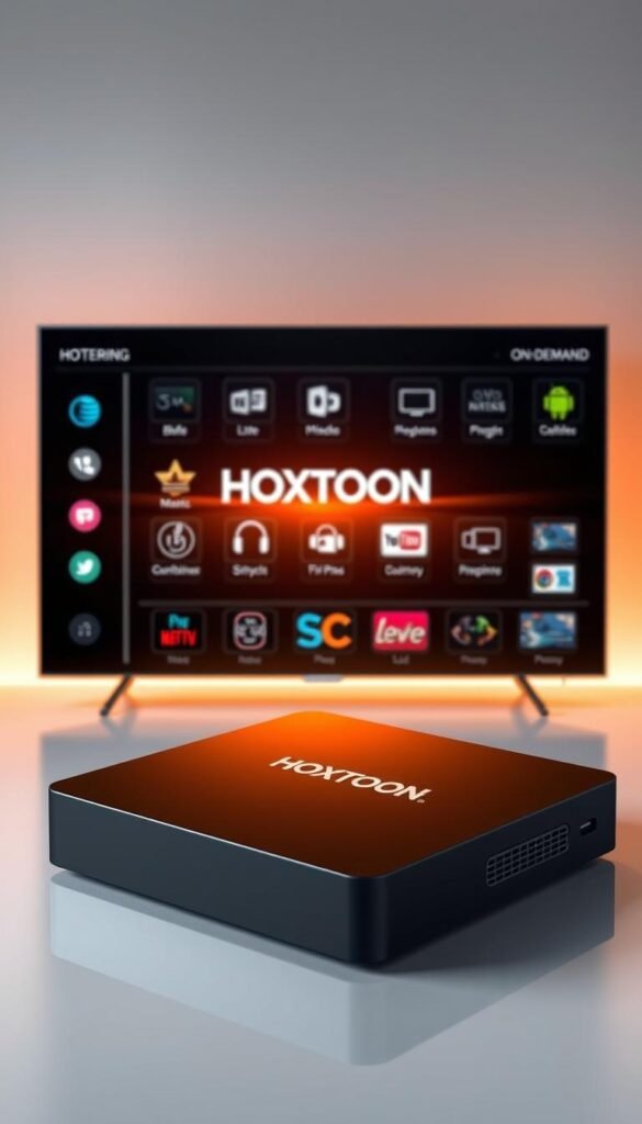 A visually striking image of the "HOXTOON Provider" advanced features on a Mag Box. In the foreground, a sleek and modern Mag Box device prominently displays the Hoxtoon logo, bathed in a warm, soft lighting. The middle ground showcases an array of dynamic icons and graphics, representing the various advanced capabilities of the Hoxtoon platform, such as live TV channels, on-demand content, and intuitive user interface. The background is a minimalist, gradient-based setting, creating a sense of depth and emphasis on the Hoxtoon branding. The overall composition conveys a sophisticated, high-tech, and user-friendly experience for the Mag Box owner, reflecting the advanced features and capabilities of the Hoxtoon IPTV provider.